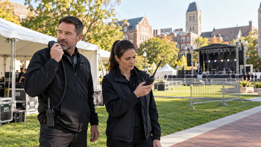 University facilities and event operations staff coordinating by two-way radio during an outdoor campus event setup