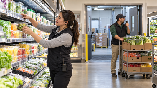 Grocery employees coordinating by two-way radio while stocking a refrigerated aisle and receiving fresh produce