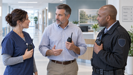 Hospital nurse manager, facilities manager and security supervisor coordinating with Kenwood two-way radios