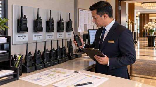 Hotel operations manager counting Kenwood two-way radios organized by department before a shift