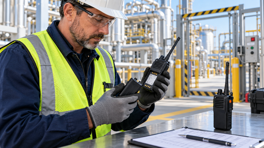 Industrial safety manager inspecting an intrinsically safe two-way radio battery and approval label