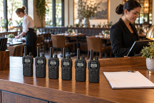 Six Kenwood PKT-300 radios on a restaurant host counter beside a shift checklist.