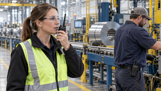 Manufacturing supervisor and maintenance technician using Kenwood two-way radios beside production equipment