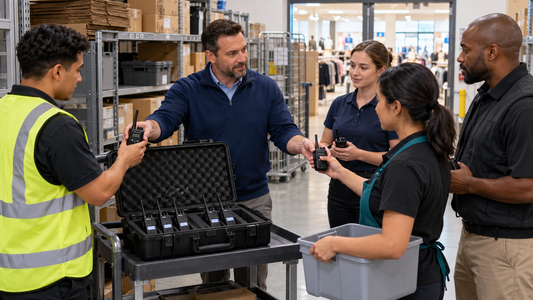 Retail supervisor assigning two-way radios to receiving, curbside, sales-floor and loss-prevention staff in a stockroom