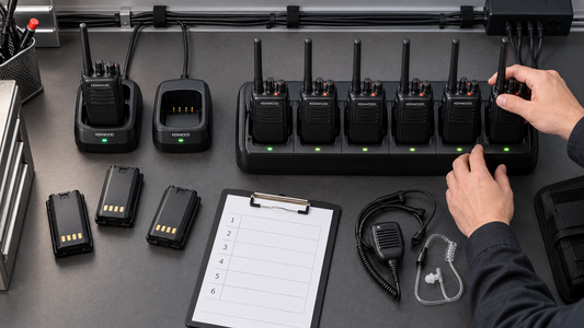 Technician organizing Kenwood radios, batteries and single-unit and six-unit chargers at a shift charging station