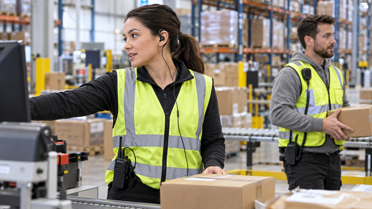 Warehouse workers using a radio earpiece and shoulder speaker microphone at a packing station